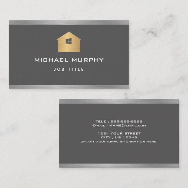 Elegant Silver Brushed Metal Home Logo  Business Card (Front/Back)