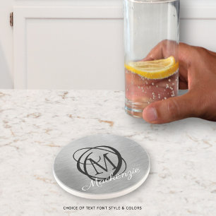 Elegant Silver Brushed Metal Monogram Name Stylish Coaster