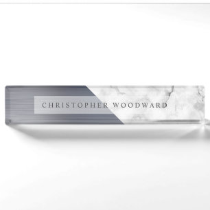 Elegant Silver Brushed Metal White Marble Desk Name Plate