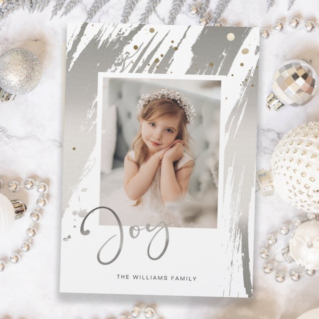 Elegant Silver Brushstrokes w/Joy Script Photo Tri-Fold Card (Creator Uploaded)