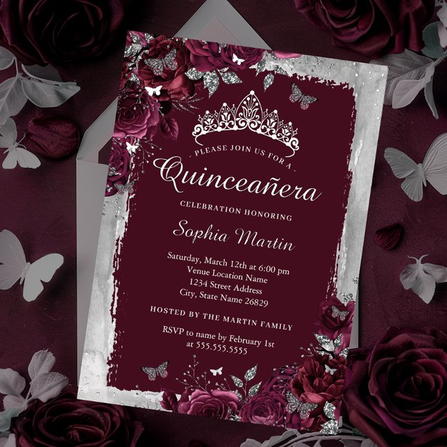 Elegant Silver Burgundy flower Quinceanera  Foil Invitation (Creator Uploaded)