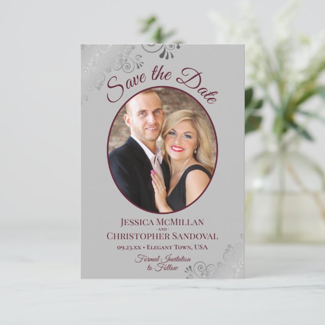 Elegant Silver & Burgundy on Gray Photo Wedding Save The Date (Standing Front)