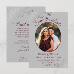 Elegant Silver & Burgundy on Gray Photo Wedding Save The Date