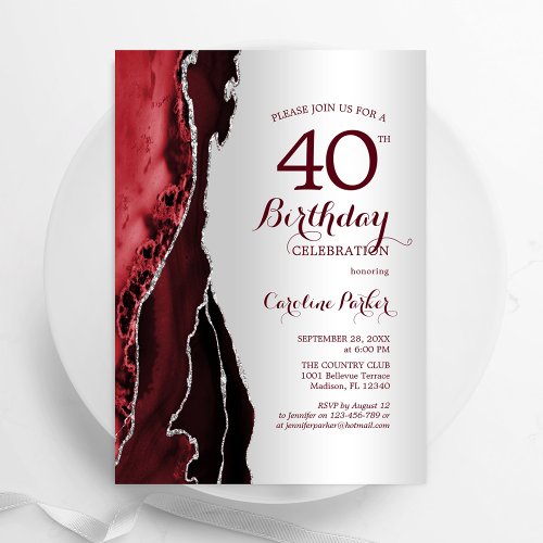 Elegant Silver Burgundy Red Agate 40th Birthday Invitation