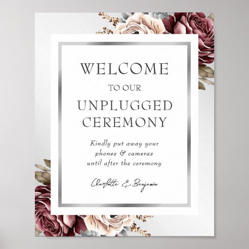 Elegant Silver Burgundy Unplugged Wedding Sign