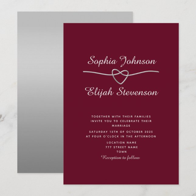 Elegant Silver Burgundy Wedding Invite (Front/Back)