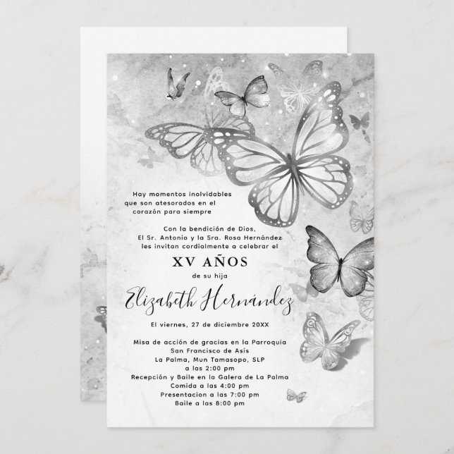 Elegant Silver Butterfly Spanish Quinceanera Invitation (Front/Back)