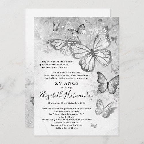 Elegant Silver Butterfly Spanish Quinceanera Invitation