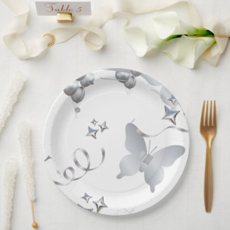 Elegant Silver Butterfly Wedding Paper Plate | Min