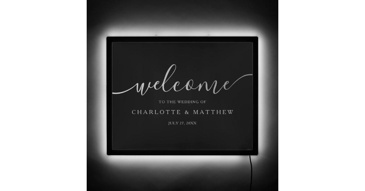 Elegant Silver Calligraphy Black Welcome Wedding LED Sign | Zazzle