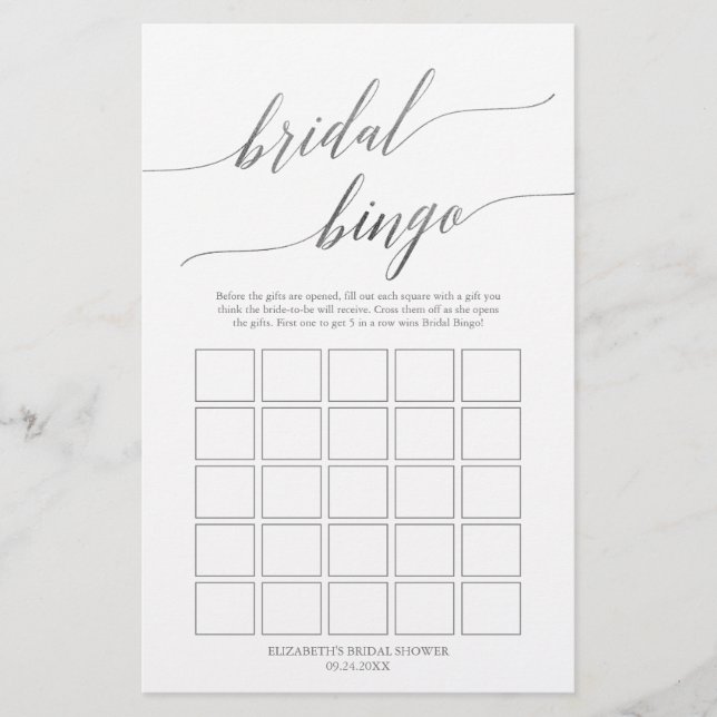 Elegant Silver Calligraphy Bridal Bingo Game Flyer (Front)