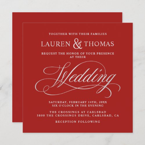 Elegant Silver Calligraphy on Rich Red Wedding Invitation