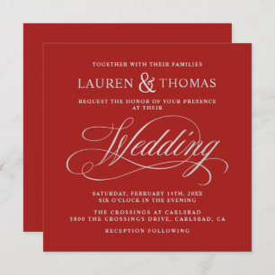Elegant Silver Calligraphy on Rich Red Wedding Invitation