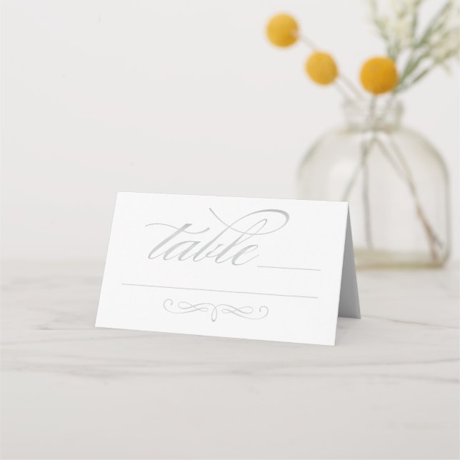 Elegant Silver Calligraphy Script Wedding Place Card (Front)