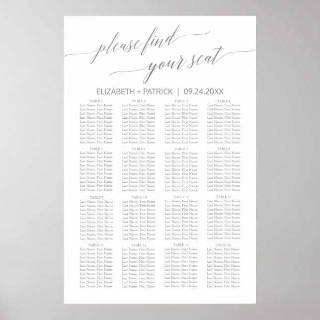 Elegant Silver Calligraphy Seating Chart (Front)