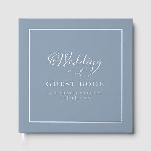 Elegant Silver Calligraphy Wedding Chic Dusty Blue Foil Guest Book