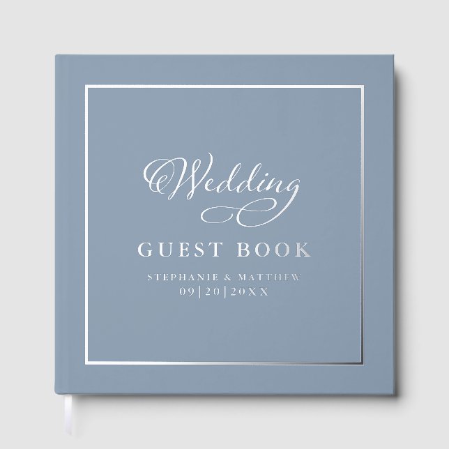 Elegant Silver Calligraphy Wedding Chic Dusty Blue Foil Guest Book (Front)