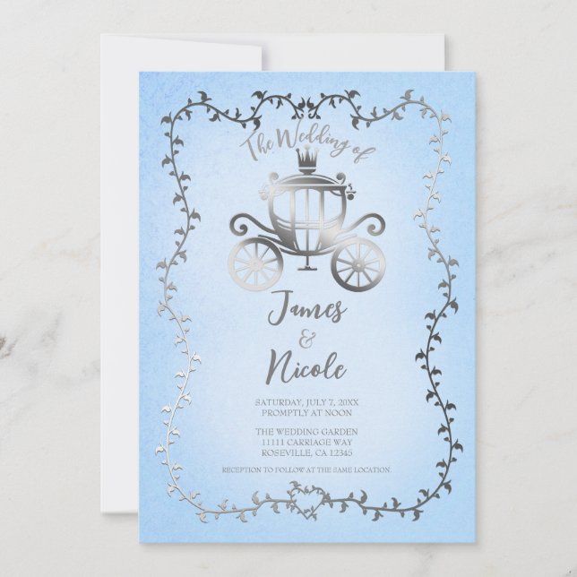 Elegant Silver Carriage Blue Storybook Wedding Invitation (Front)