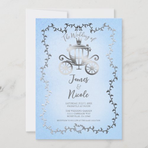 Elegant Silver Carriage Blue Storybook Wedding Invitation