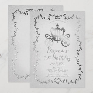 Elegant Silver Carriage Storybook 1st Birthday Invitation