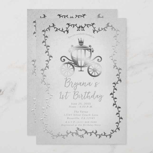 Elegant Silver Carriage Storybook 1st Birthday Invitation (Front/Back)