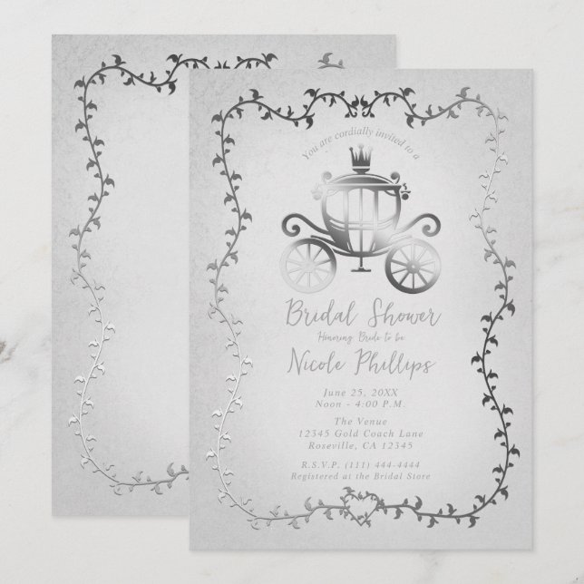 Elegant Silver Carriage Storybook Bridal  Invitation (Front/Back)