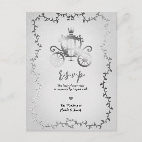 Elegant Silver Carriage Storybook Wedding RSVP Announcement Postcard