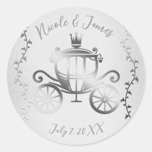 Elegant Silver Carriage White Storybook Royal Classic Round Sticker