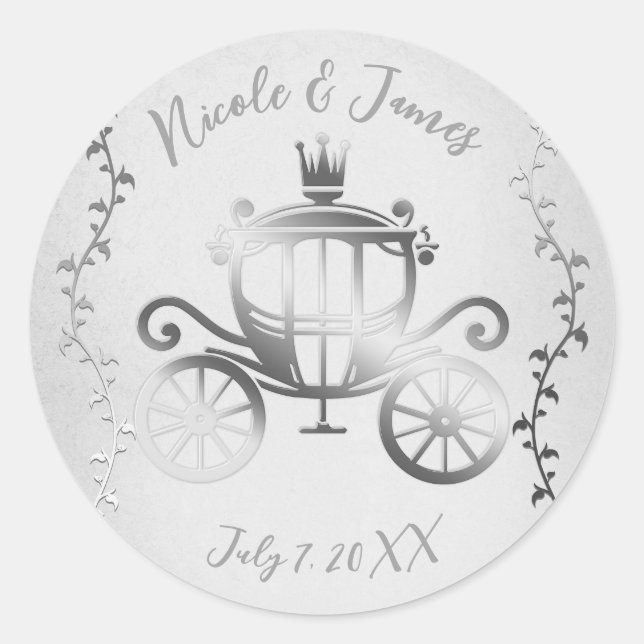 Elegant Silver Carriage White Storybook Royal Classic Round Sticker (Front)