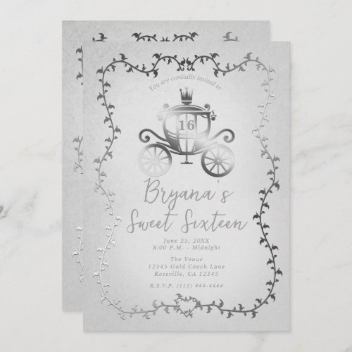 Elegant Silver Carriage White Storybook Sweet 16 Invitation