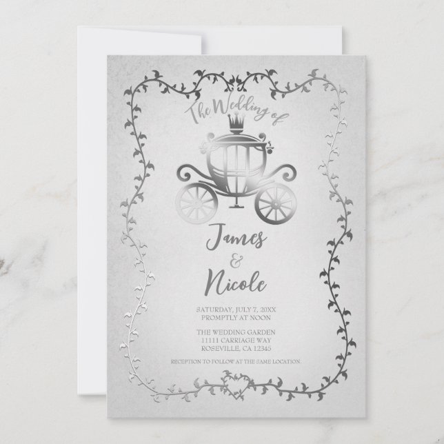 Elegant Silver Carriage White Storybook Wedding Invitation (Front)