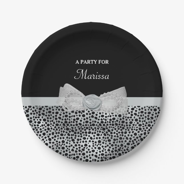 Elegant Silver Cheetah Print Frilly Bow Party Name Paper Plates (Front)