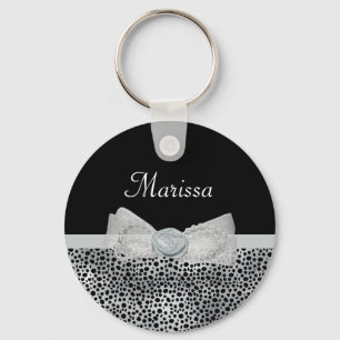 Elegant Silver Cheetah Print Frilly Bow With Name Keychain