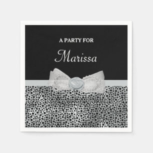 Elegant Silver Cheetah Print Frilly Bow With Name Paper Napkins