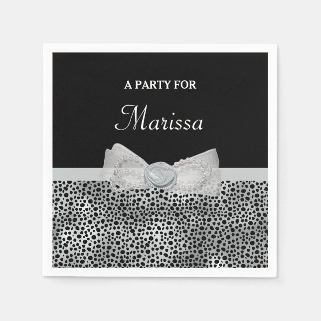 Elegant Silver Cheetah Print Frilly Bow With Name Paper Napkins (Front)