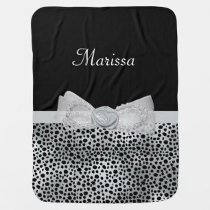 Elegant Silver Cheetah Print Frilly Bow With Name Receiving Blanket