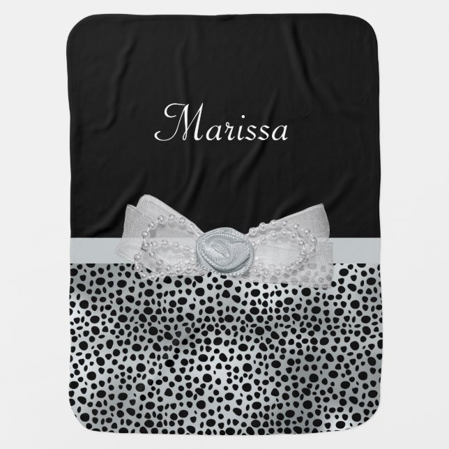 Elegant Silver Cheetah Print Frilly Bow With Name Receiving Blanket (Front)