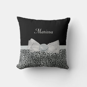Elegant Silver Cheetah Print Frilly Bow With Name Throw Pillow