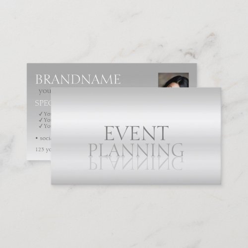 Elegant Silver Chic Mirror Font with Photo Stylish Business Card