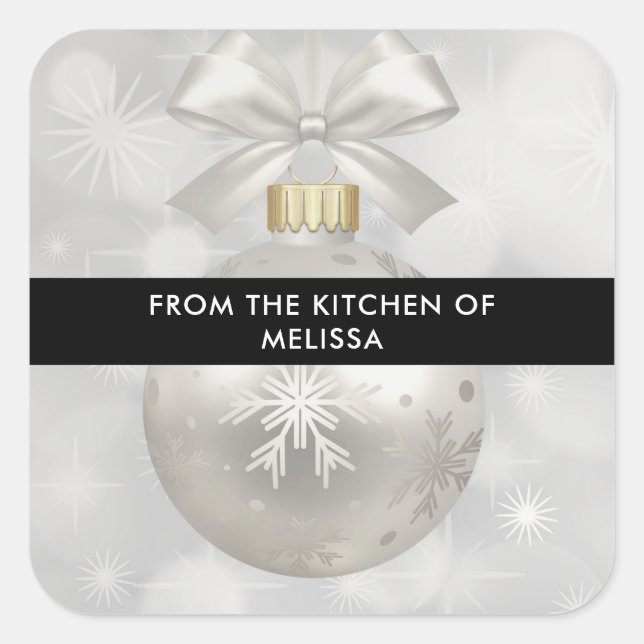 Elegant Silver Christmas Ball on Bokeh Kitchen Square Sticker (Front)