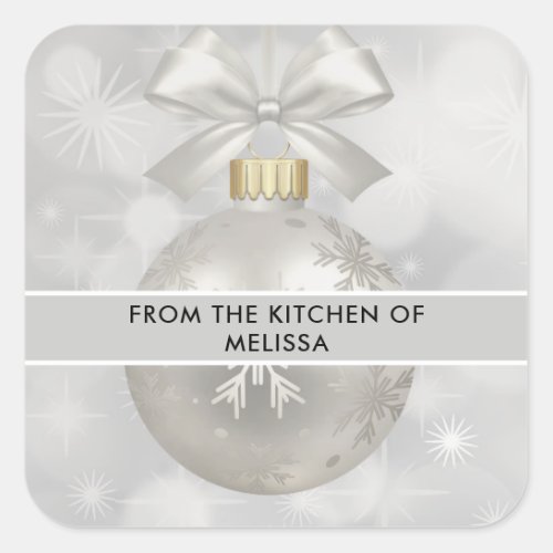 Elegant Silver Christmas Ball on Bokeh Kitchen Square Sticker