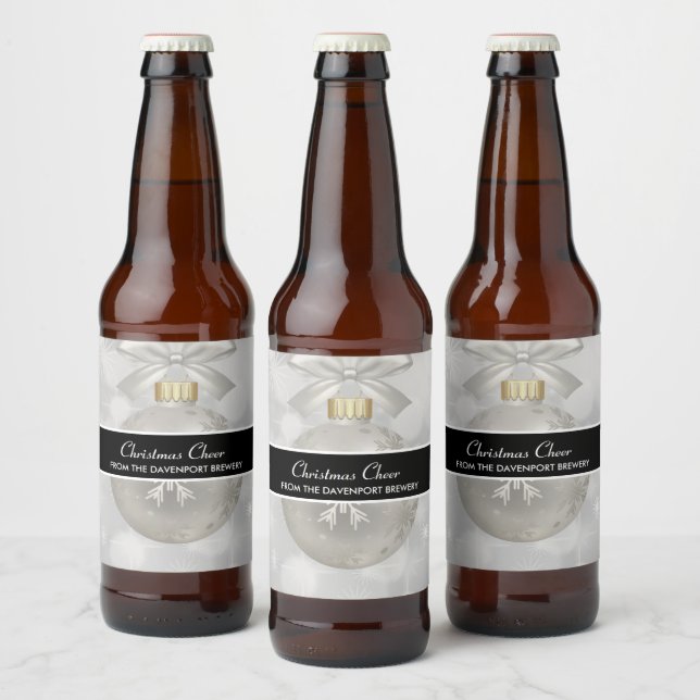 Elegant Silver Christmas Ball on Bokeh Lights Beer Bottle Label (Bottles)