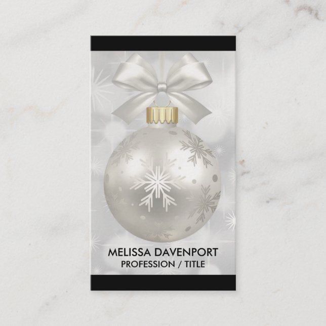 Elegant Silver Christmas Ball on Bokeh Lights Business Card (Front)