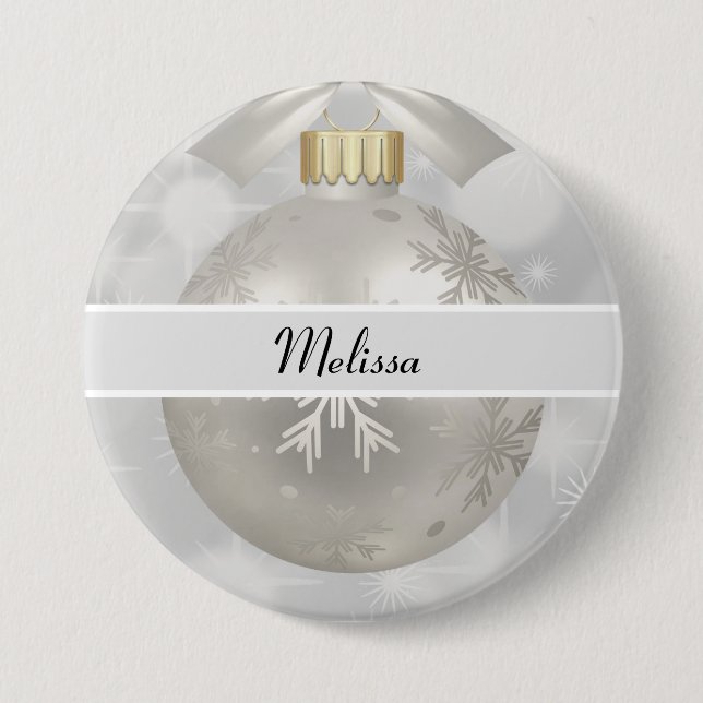 Elegant Silver Christmas Ball on Bokeh Lights Button (Front)