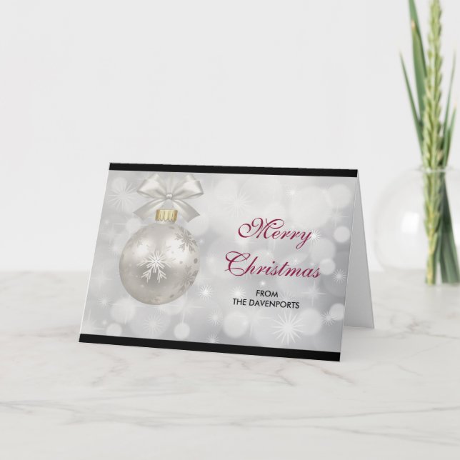 Elegant Silver Christmas Ball on Bokeh Lights Card (Front)