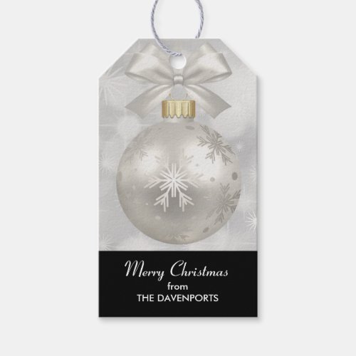 Elegant Silver Christmas Ball on Bokeh Lights Gift Tags