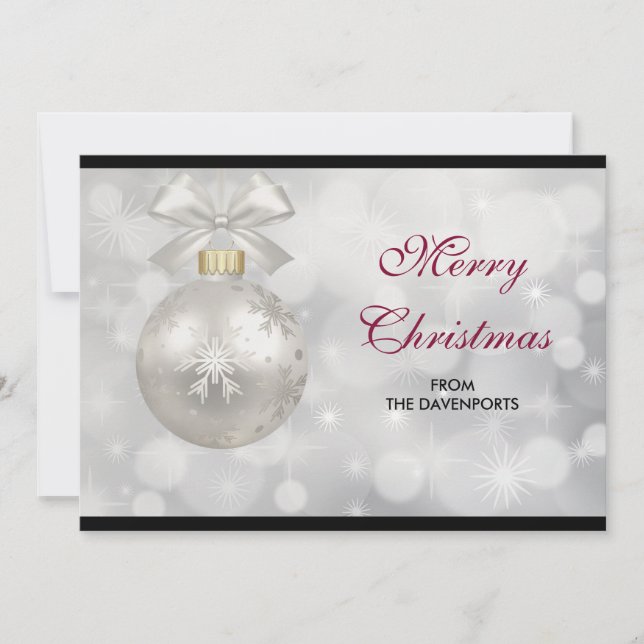 Elegant Silver Christmas Ball on Bokeh Lights Holiday Card (Front)