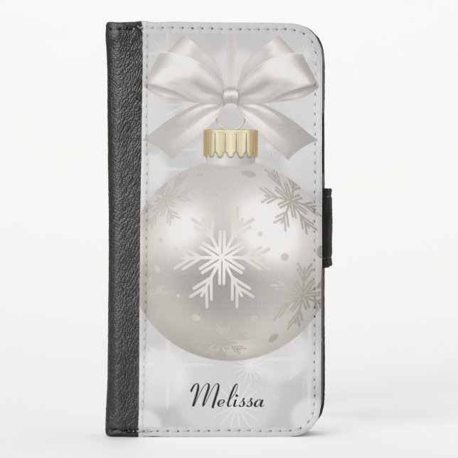 Elegant Silver Christmas Ball on Bokeh Lights iPhone Wallet Case (Front)