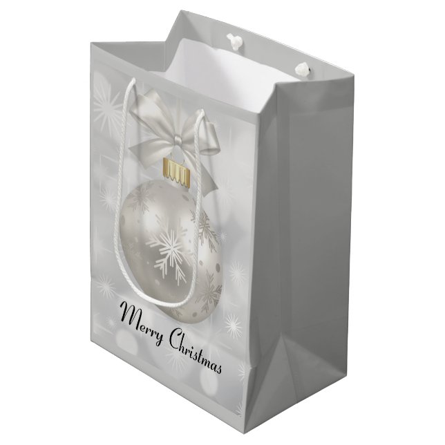 Elegant Silver Christmas Ball on Bokeh Lights Medium Gift Bag (Front Angled)
