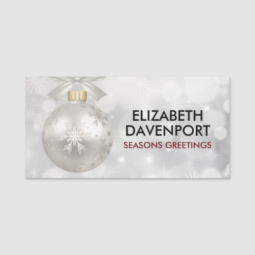 Elegant Silver Christmas Ball on Bokeh Lights Name Tag